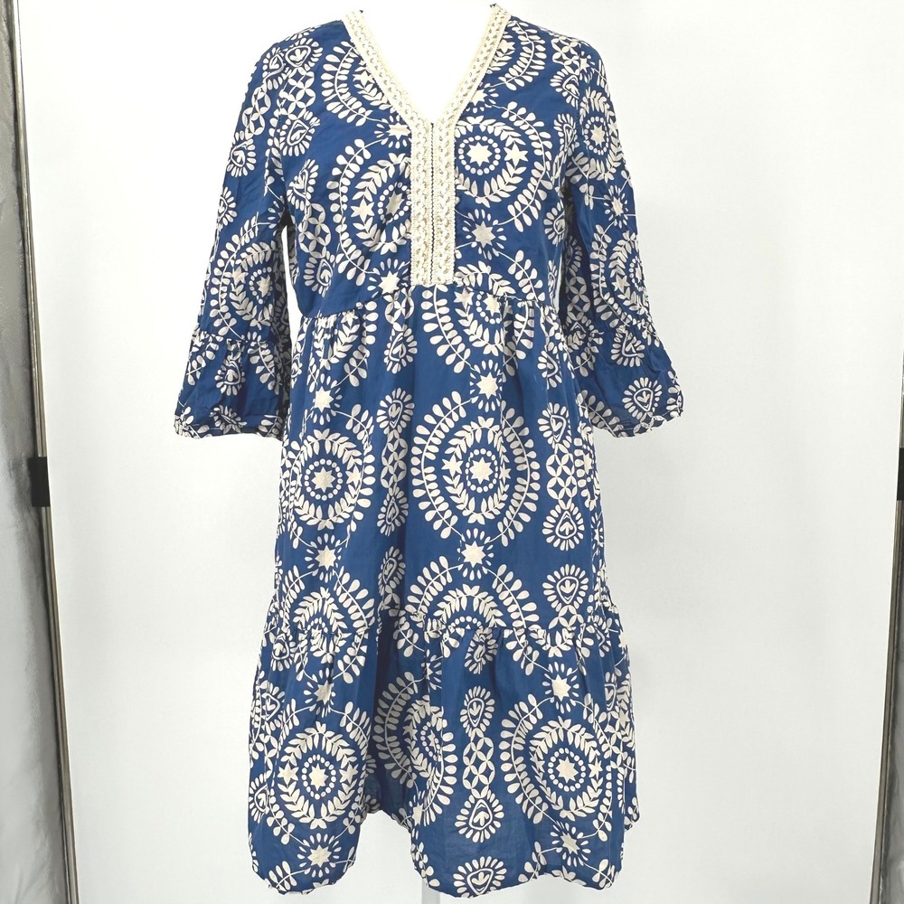 Saiph Blue White Medallion Print Tiered Cotton Dress Made In Italy Size Small
